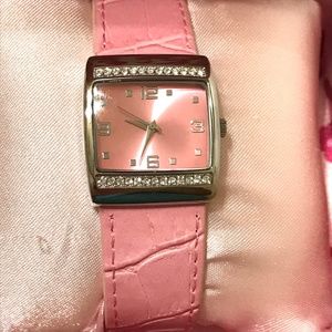 Mary Kay Pink Watch Rhinestones Square Face Original Box Needs battery Analog